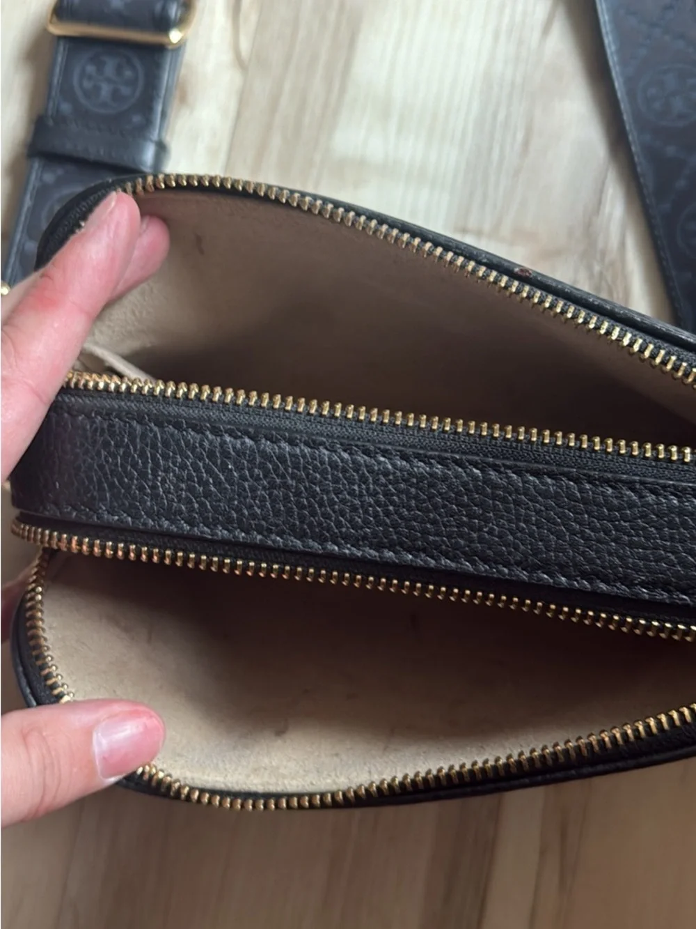 Tory Burch Black Pebbled Leather Logo Crossbody Bag